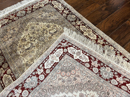 Silk Indian Kashmiri Rug 4x6 ft, Floral Medallion Hand Knotted Handmade Oriental Carpet, Vintage, Cream Burgundy, Very Fine Silk Rug 4 x 6