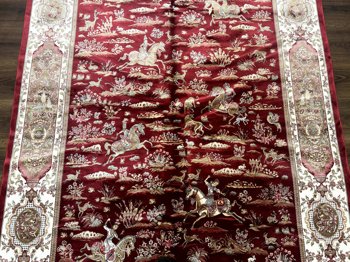 Turkish Silk Hunting Scene Rug 5 x 7.6 ft Red And Ivory Bamboo Silk