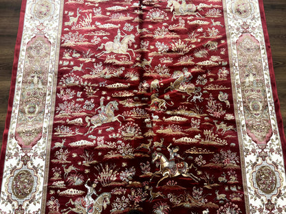 Turkish Silk Hunting Scene Rug 5 x 7.6 ft Red And Ivory Bamboo Silk