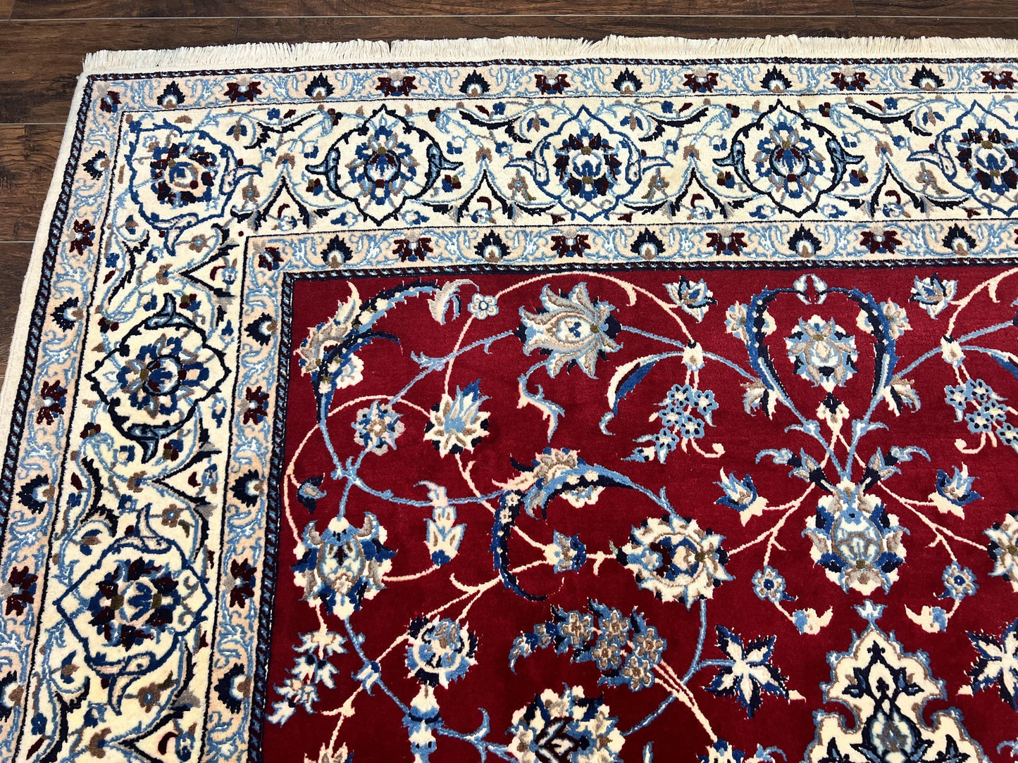 Persian Nain Rug 6x10, Wool and Silk Highlights, Red and Ivory, Floral Medallion, Vintage Handmade Hand Knotted, Fine 225 KPSI, Traditional Rug