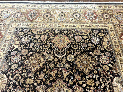 Indo Persian Rug 9x12, Floral Allover, Midnight Blue, Handmade Vintage Wool Oriental Carpet