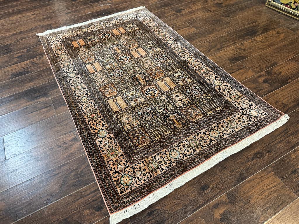 Indian Kashmiri Silk Rug 4x6, Panel Design, Multicolor, Fine