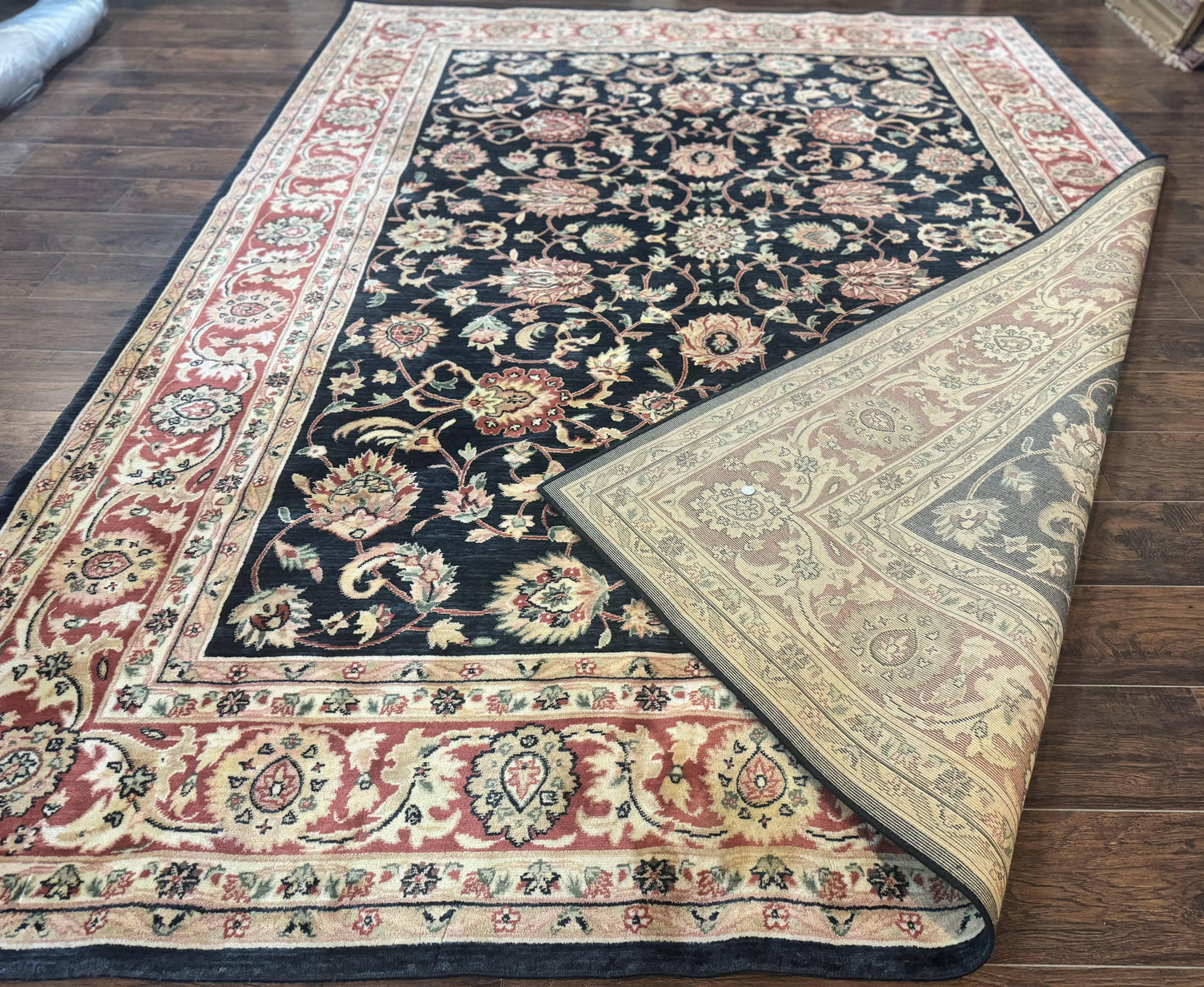 Vintage Oriental Rug 8x11, Floral Persian Design Carpet, Turkish Power Loomed Rug, Navy Blue Red Cream