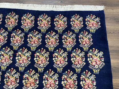 Persian Rug 9x12, Authentic Hand Knotted Carpet, Repeated Floral Motif Garden of Eden, Navy Blue Wool Rug 9 x 12, Semi Antique Kirman Rug