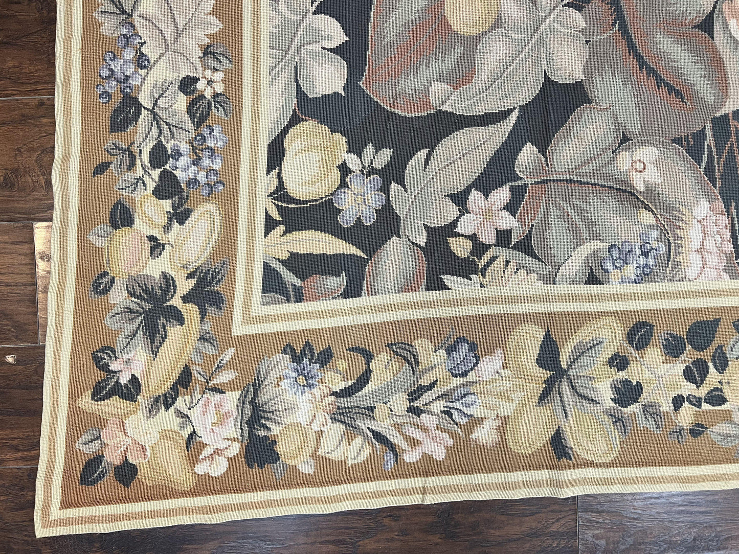 Large Needlepoint Rug 9x13, Handmade Wool Flatweave Vintage Rug, Leaves, Green