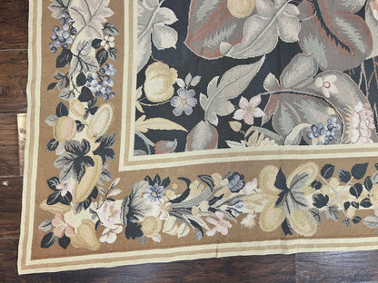 Large Needlepoint Rug 9x13, Handmade Wool Flatweave Vintage Rug, Leaves, Green