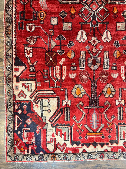 Antique Persian Tribal Rug 4 x 8, Geometric Medallion, Boho Rug, Wool Handmade Rug, Red 4x8 Rug, Persian Hamadan Rug