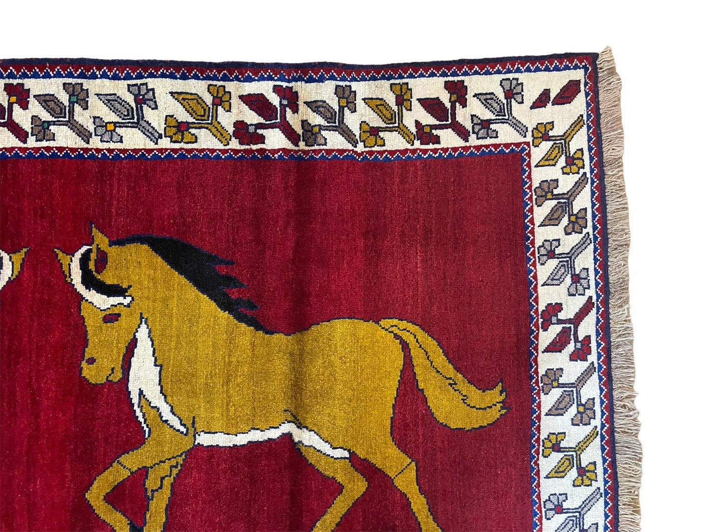 Handmade Hand Knotted Wool Rug Gabbeh 4x7 Horses Zagros Red Mustard Gold New