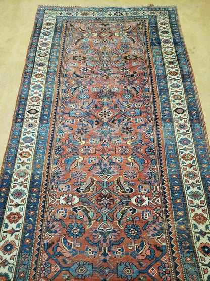 3' 8" X 11' Antique Handmade Turkish Wool Rug Veg Dye Runner Nice Rusted Red