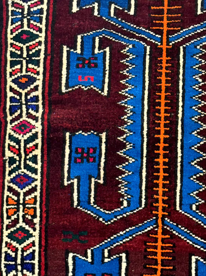 Persian Baluchi Rug Small Geometric Burgundy And Blue Design