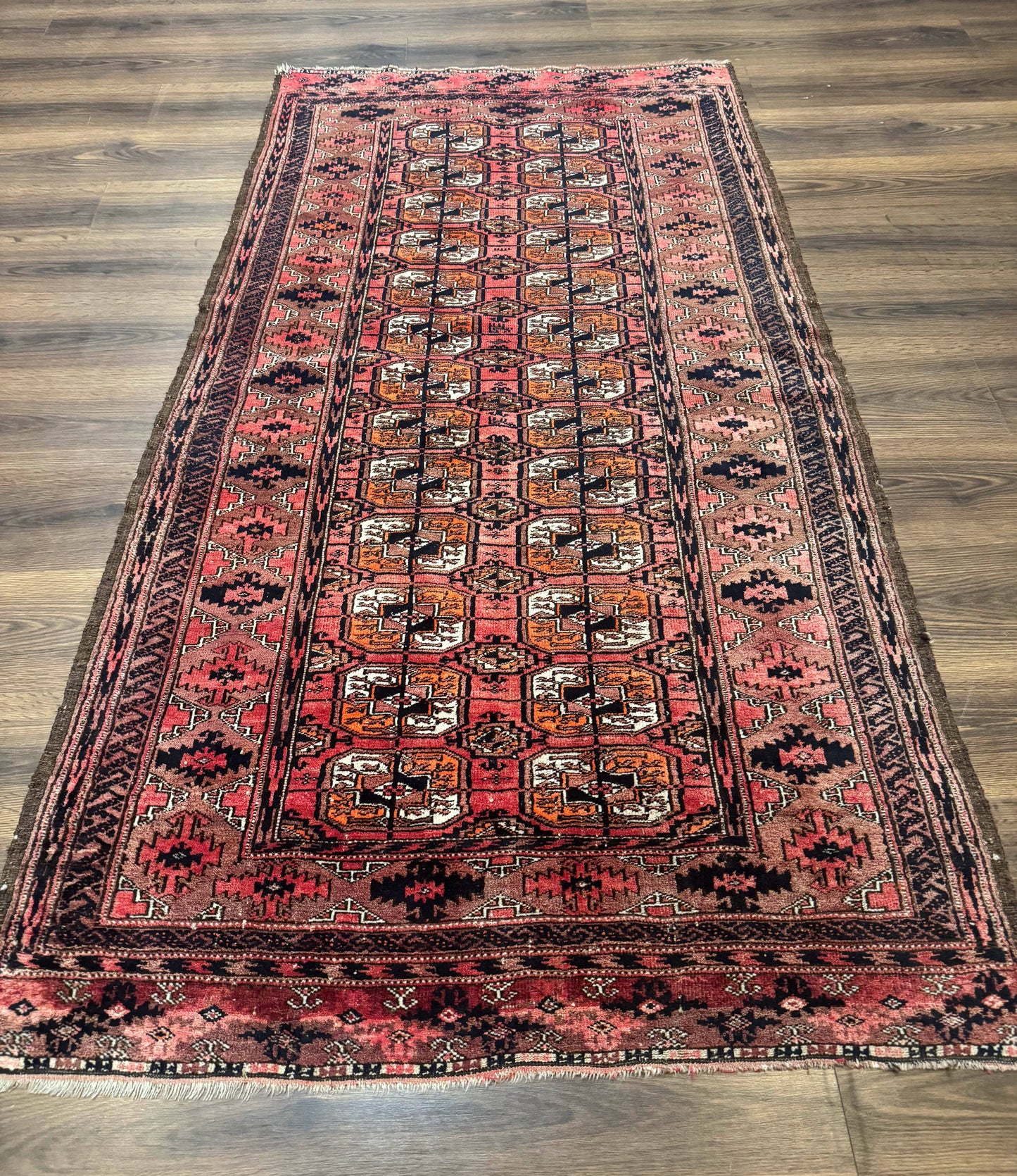 Antique Turkoman Rug 3.7 x 6.7, Red, Wool Runner Rug