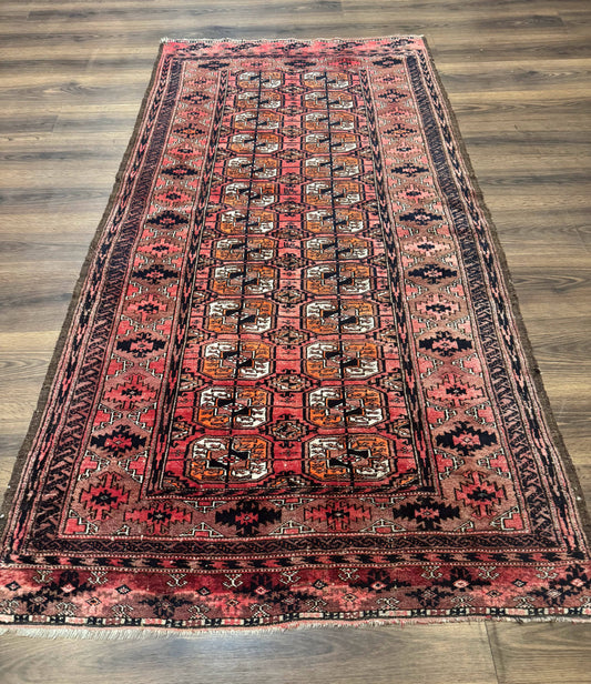 Antique Turkoman Rug 3.7 x 6.7, Red, Wool Runner Rug