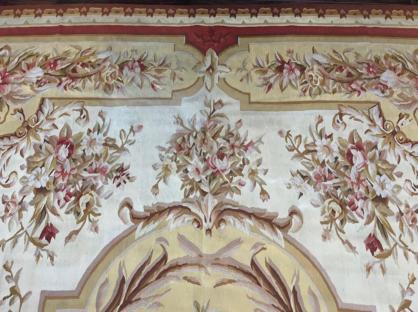 Aubusson Rug 9x12 Handmade Wool Flatweave Savonnerie Carpet Ivory and Red