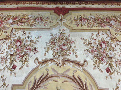 Aubusson Rug 9x12 Handmade Wool Flatweave Savonnerie Carpet Ivory and Red