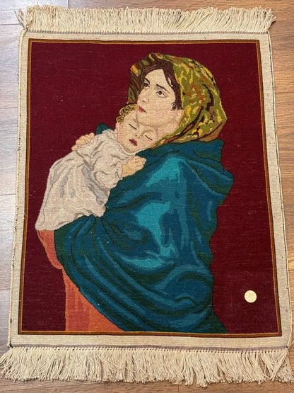Small Persian Tabriz Pictorial Rug 2x2, Mother Holding Child, Very Fine 340 KPSI, Maroon