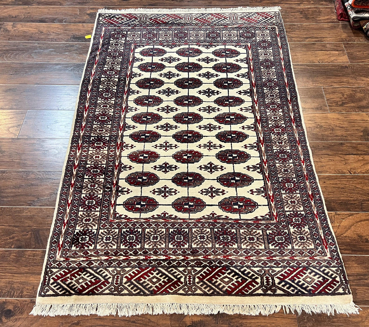 Pakistani Bokhara Rug 4x6 Vintage Handmade Wool Carpet Ivory Turkoman Style