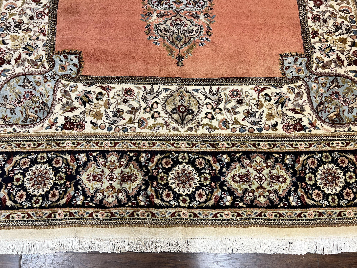 Persian Tabriz Rug 10x13, Wool Hand Knotted Vintage Carpet, Salmon Red & Ivory, Semi Open Field, Birds & Animal Motifs, Large Rug