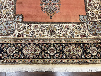 Persian Tabriz Rug 10x13, Wool Hand Knotted Vintage Carpet, Salmon Red & Ivory, Semi Open Field, Birds & Animal Motifs, Large Rug