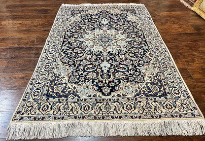 Persian Nain Rug 4x6, Floral, Hand Knotted Vintage Wool & Silk Highlights, Signature from Masterweaver, Navy Blue and Ivory