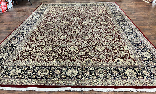Sino Persian Rug 9x12, Floral Allover Pattern, Wool Vintage Carpet, Dark Maroon Red, 9 x 12 Traditional Room Sized Rug, Finely Hand Knotted
