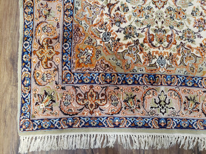 Premium Persian Isfahan Lachak Toranj Rug Hand Knotted Kork Wool On Silk Beige And Dark Blue 3 Ft 6 In By 5 Ft 4 In