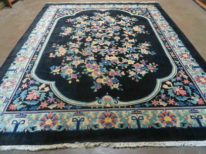 Art Deco Wool Rug Vintage Hand Knotted 8x10 Center Flower Black