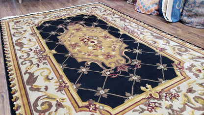 Aubusson Savonnerie Wool Rug 6x9 Hand Knotted Black Beige Nepalese Design