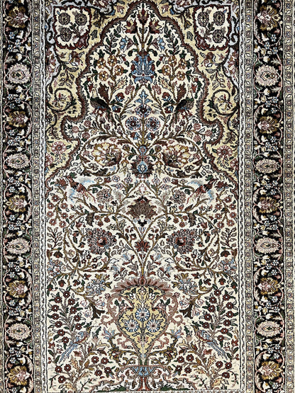 Turkish Kayseri Silk Rug 3x5, Tree of Life Silk Oriental Carpet, Birds Persian Vase Design, Hand Knotted Vintage Fine Rug, 340 KPSI