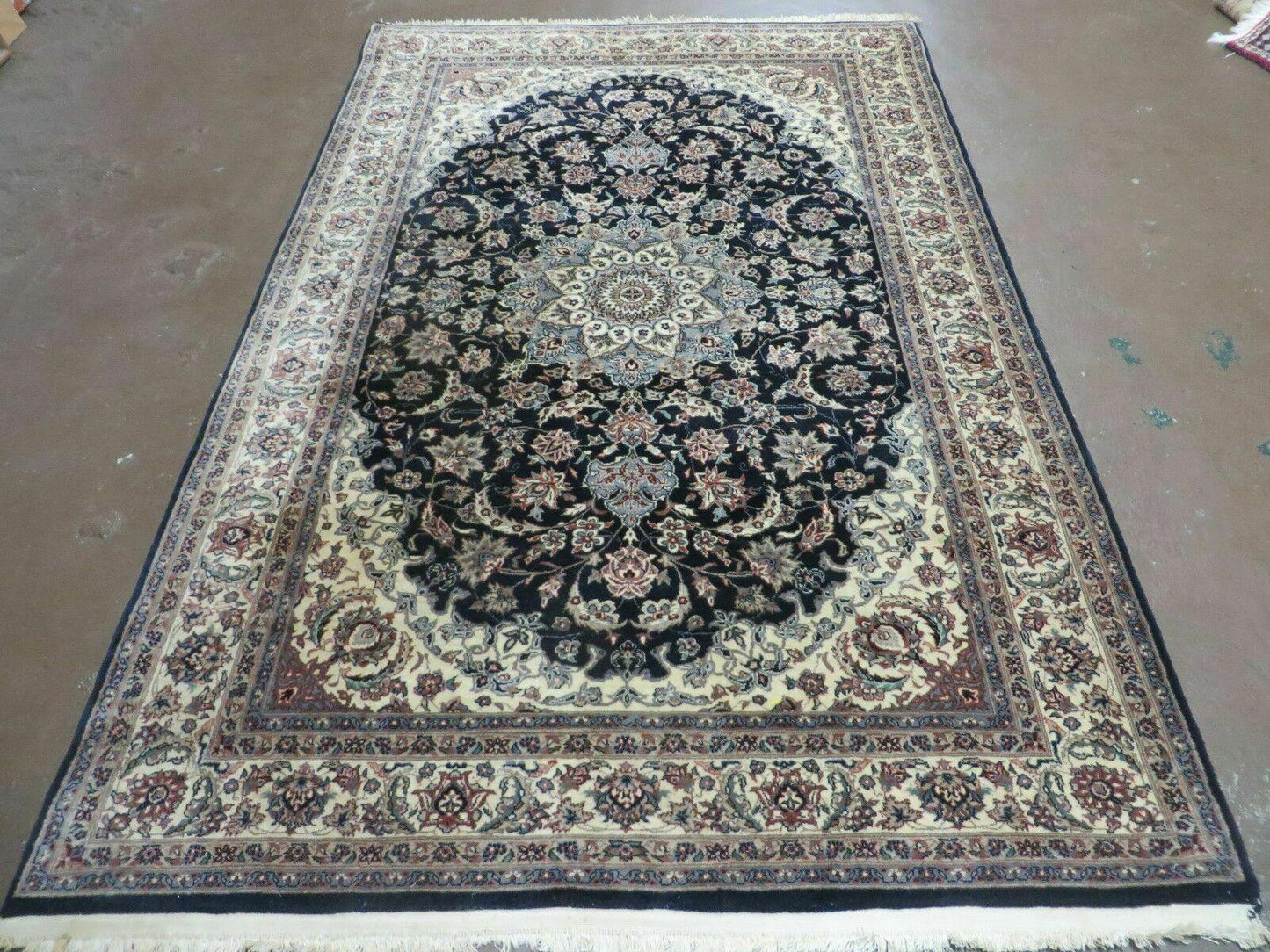 Hand Knotted Wool Silk Rug Vintage India Accent 4x7 Black