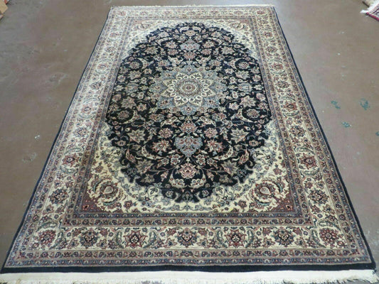 Hand Knotted Wool Silk Rug Vintage India Accent 4x7 Black