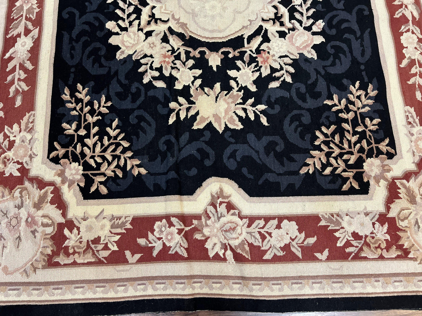 Needlepoint Rug 5x8 Wool Handmade Vintage European Aubusson Flatweave Rug Black and Maroon