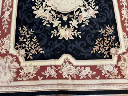 Needlepoint Rug 5x8 Wool Handmade Vintage European Aubusson Flatweave Rug Black and Maroon