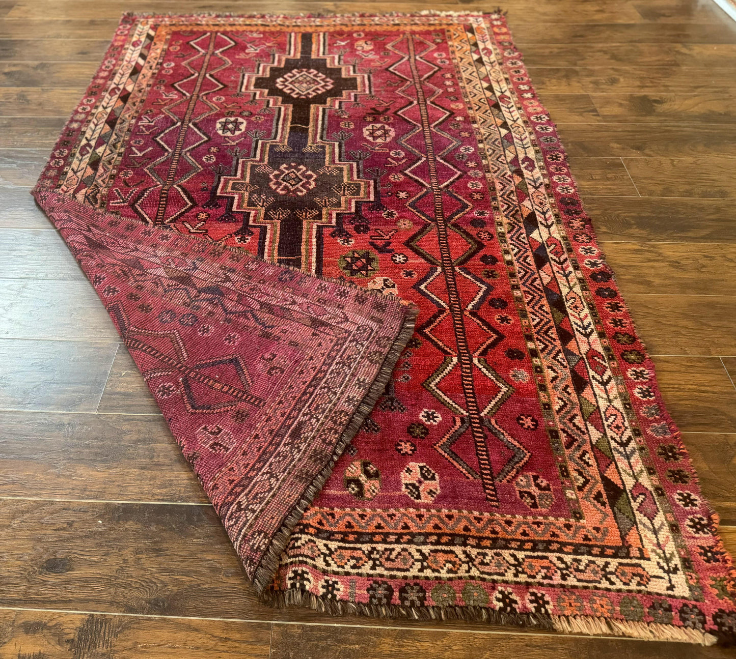 Persian Tribal Shiraz Rug 5x8, Geometric, Raspberry Red and Charcoal, Antique Persian Carpet
