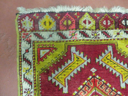 Antique Turkish Yastik Rug 2x3 Handmade Wool Oushak Red Oriental Carpet