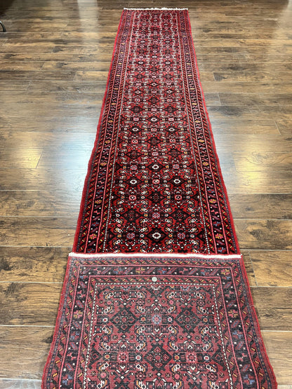 Persian Runner Rug 3 x 16, Wool Handmade Long Antique Hamadan Oriental Rug for Hallway, Red Tribal Rug, Allover Pattern, 3x16 Runner Rug