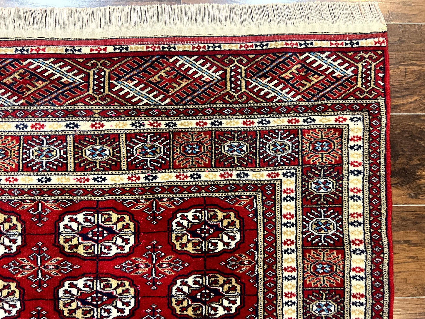 Pakistani Bokhara Rug 4x6, Red Turkoman Carpet, Finely Hand Knotted, Wool Vintage Rug