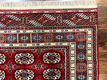 Pakistani Bokhara Rug 4x6, Red Turkoman Carpet, Finely Hand Knotted, Wool Vintage Rug