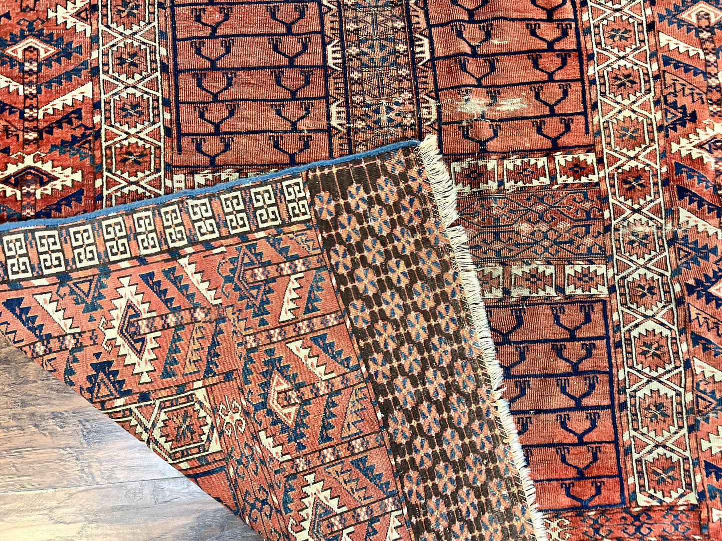 Turkoman Rug Antique Hatchli Wool Handmade 4x4 Four Season Yamud Design Red Bohemian Engsi Tekkeh