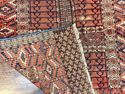 Turkoman Rug Antique Hatchli Wool Handmade 4x4 Four Season Yamud Design Red Bohemian Engsi Tekkeh