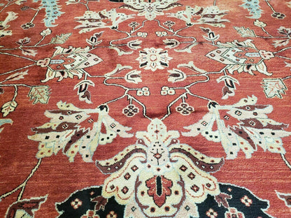 Vintage Handmade Turkish Wool Rug 9 Foot 10 Inch By 14 Foot 2 Inch Hand Knotted Red Black Floral