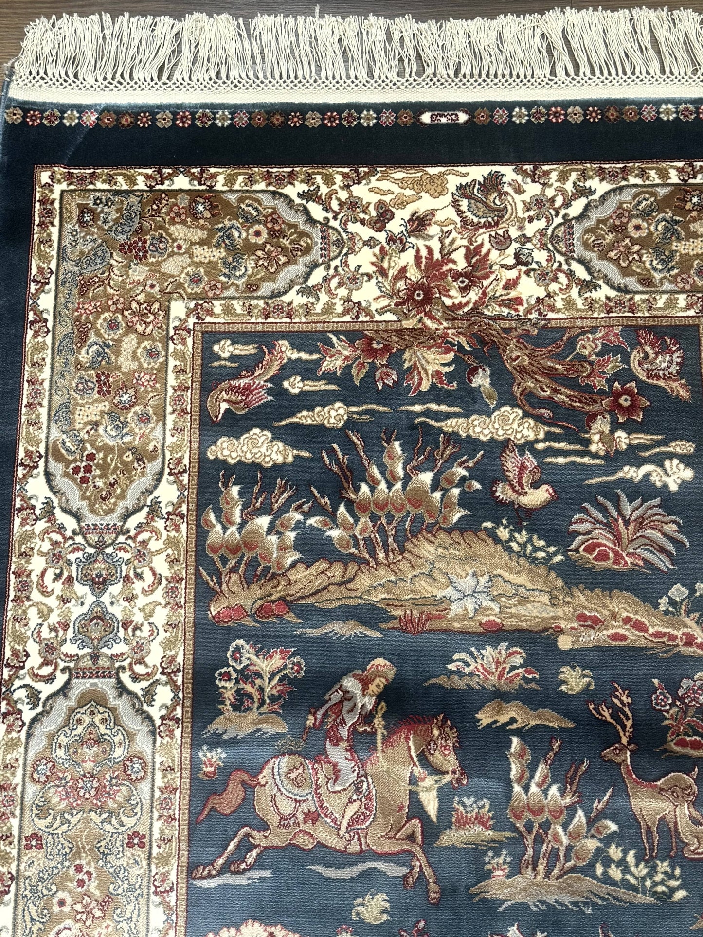 Turkish Silk Hunting Scene Rug 2.6 x 5 Feet Dark Steel Blue And Ivory Bamboo Silk Area Rug
