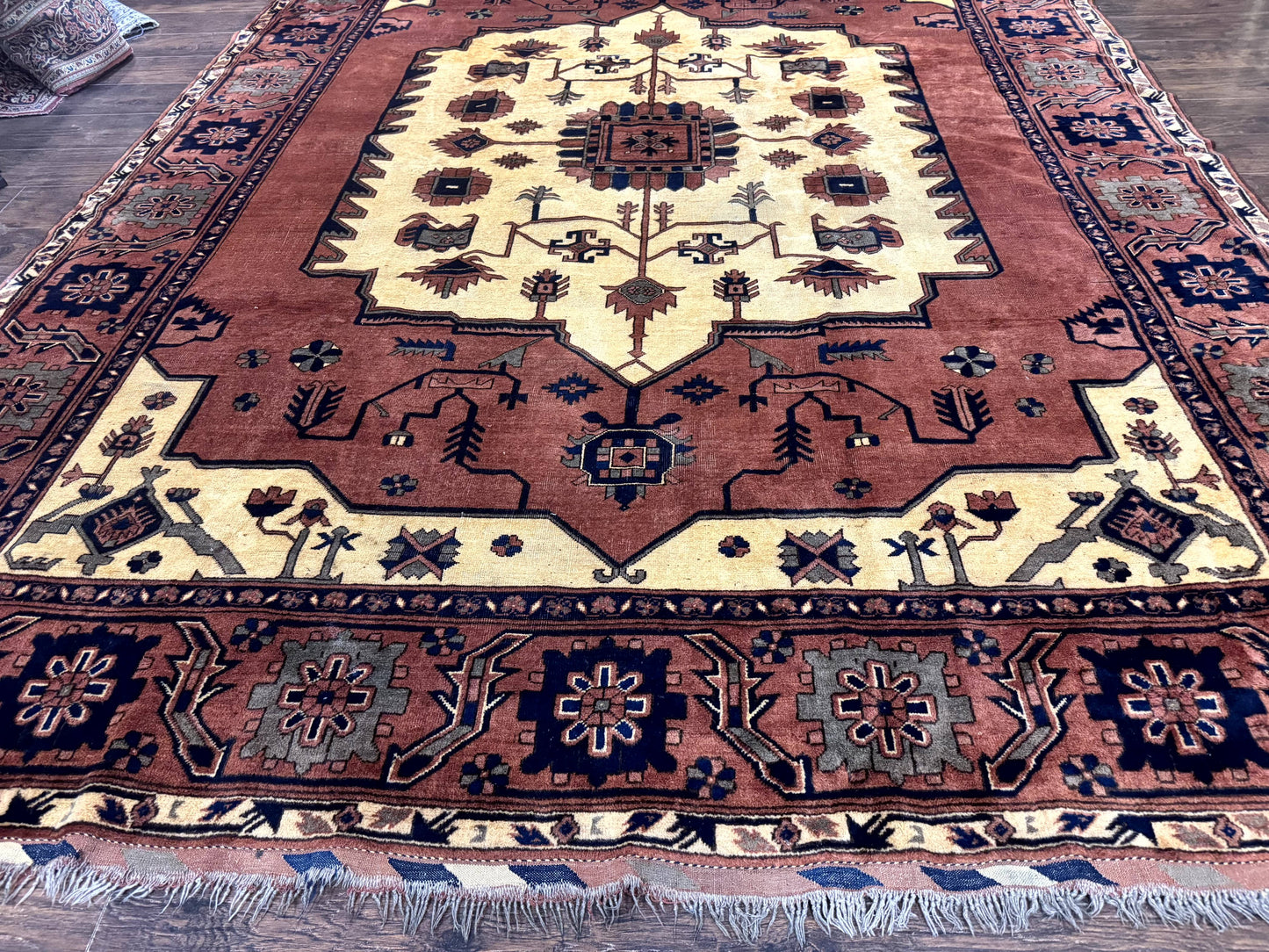 Afghan Heriz Rug 9x12 Vintage Hand Knotted Wool Carpet Tribal Geometric Serapi Rust Cream Navy