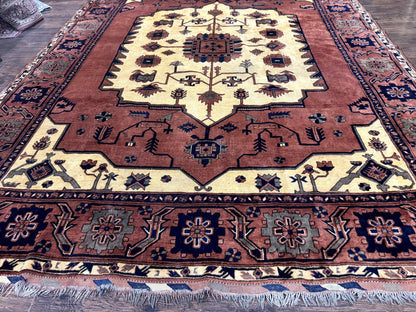 Afghan Heriz Rug 9x12 Vintage Hand Knotted Wool Carpet Tribal Geometric Serapi Rust Cream Navy