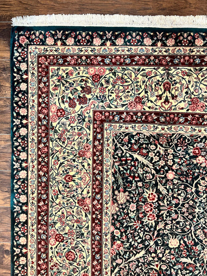 Premium Sino Persian Rug 10x14 Wool Hand Knotted Kirman Floral Dark Green Beige