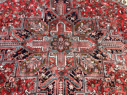 Large Persian Heriz Rug 10x13, Wool Hand Knotted Antique Carpet, Red and Ivory, Geometric Tribal Room Sized Rug, Decorative Oriental Rug
