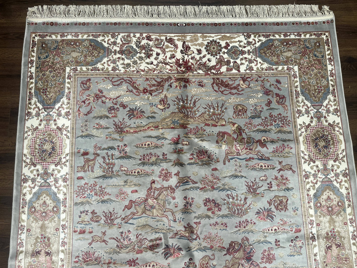 Turkish Silk Rug 5x7 Hunting Design Animal Pictorials Bamboo Silk