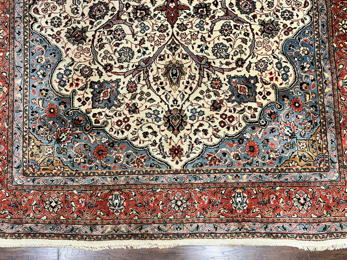 Persian Sarouk Rug 8x12 Hand Knotted Wool Antique Carpet With Cream Red Floral Medallion