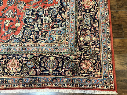 Red Persian Kashan Rug 10x14, Hand-Knotted Semi Antique Floral Medallion Handmade Wool Carpet, Red & Navy Blue