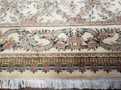 Pak Persian Floral Rug 11 x 12.6, Ivory, Very Fine, Hand Knotted