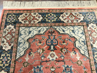Karastan Rug 4x6 Bergama Design #737, Karastan Area Rug, Vintage Wool Karastan Carpet, Original Collection 700 Series, Salmon Red Light Blue